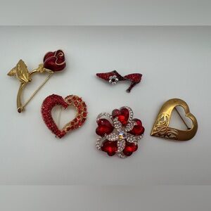 Set of 5 brooches. Red hearts, red rose, gold heart, rhinestones, shoe.